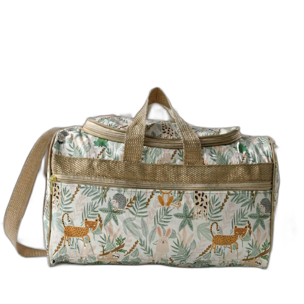 Bolsa de maternidade retangular estampada com animais, alças douradas, vista frontal.