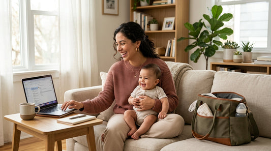 mae com um bebe no colo trabalhando no computador e sentada num sofá