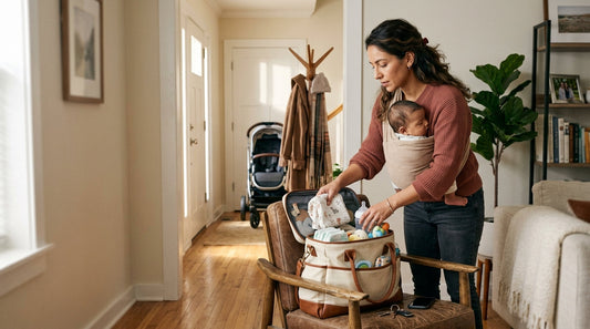 mae com bebe e uma bolsa maternidade na cadeira