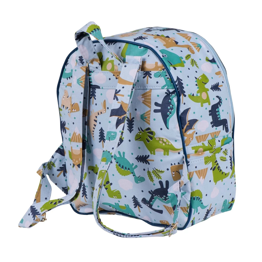 Mochila infantil azul-clara com estampa de dinossauros coloridos, vista de costas exibindo alças
