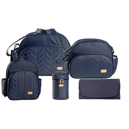 Kit de bolsas maternidade azul-marinho com cinco peças texturizadas vistas de frente.