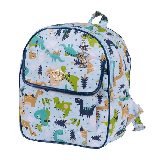 Mochila infantil azul-clara com estampa de dinossauros coloridos, vista em perspectiva de três quartos.