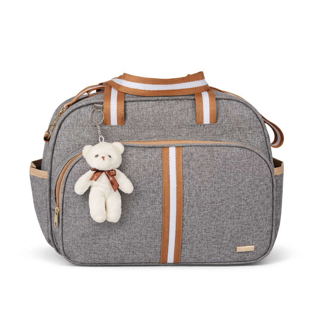 Bolsa Maternidade Com Chaveiro cinza com marrom  fundo branco