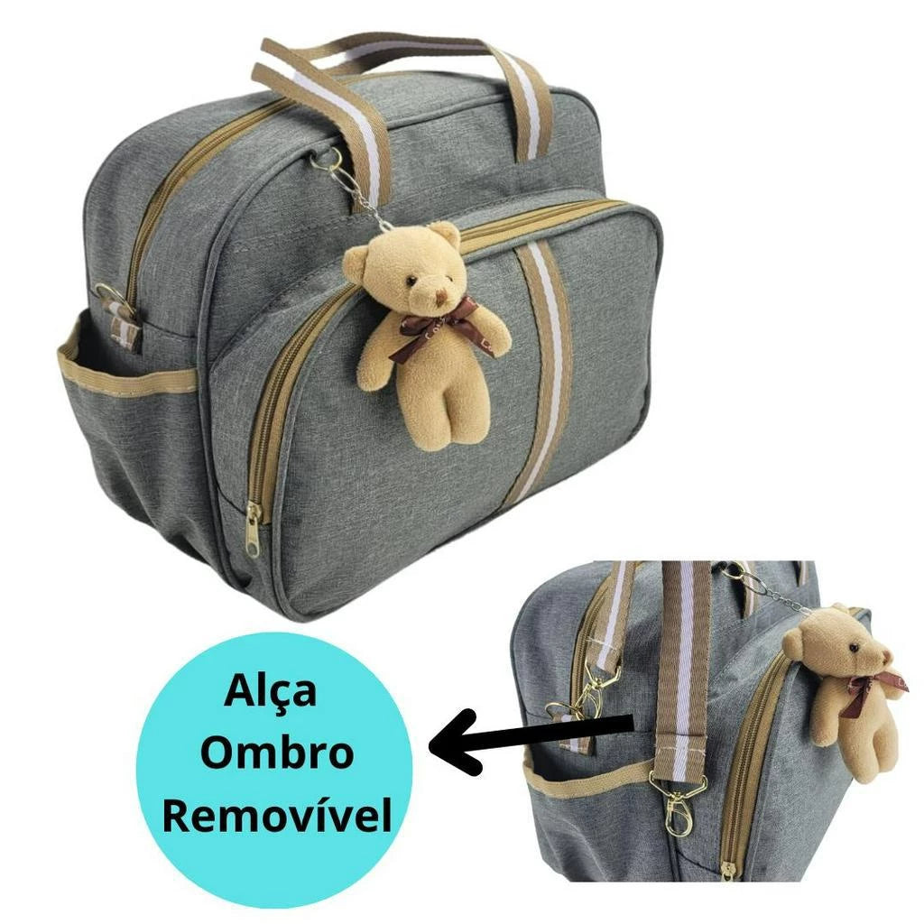 Bolsa Maternidade cinza com marrom Com Chaveiro fundo cinza4