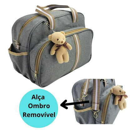 Bolsa Maternidade cinza com marrom Com Chaveiro fundo cinza4