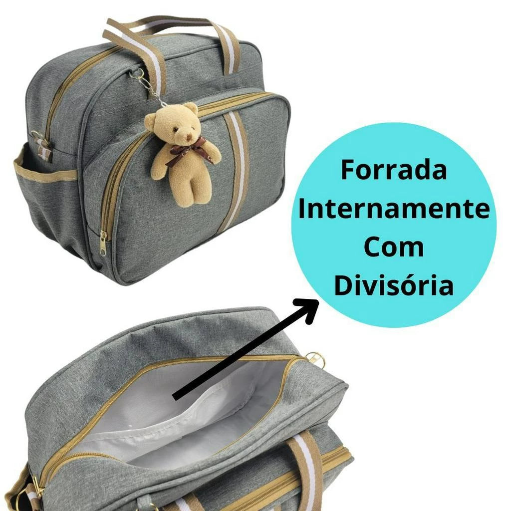 Bolsa Maternidade cinza com marrom Com Chaveiro fundo cinza5