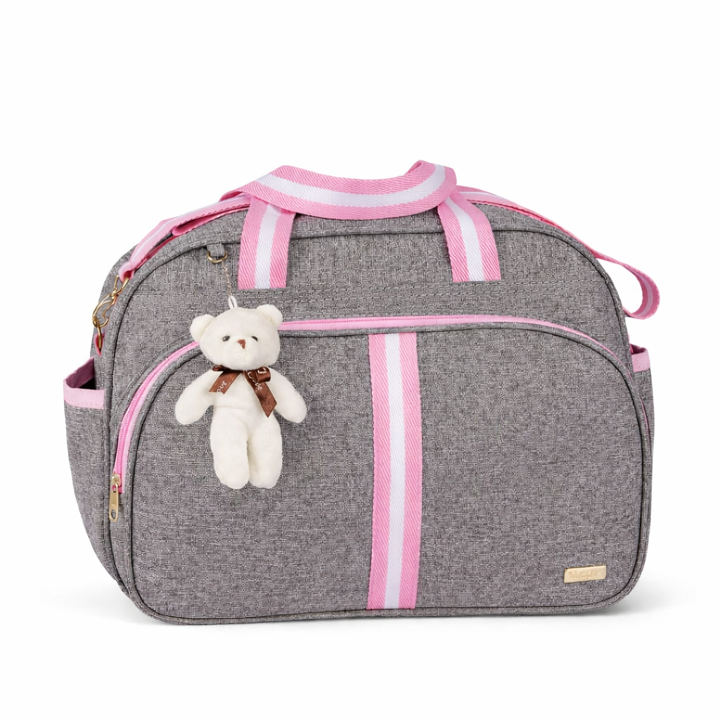 Bolsa Maternidade cinza  com rosa Com Chaveiro