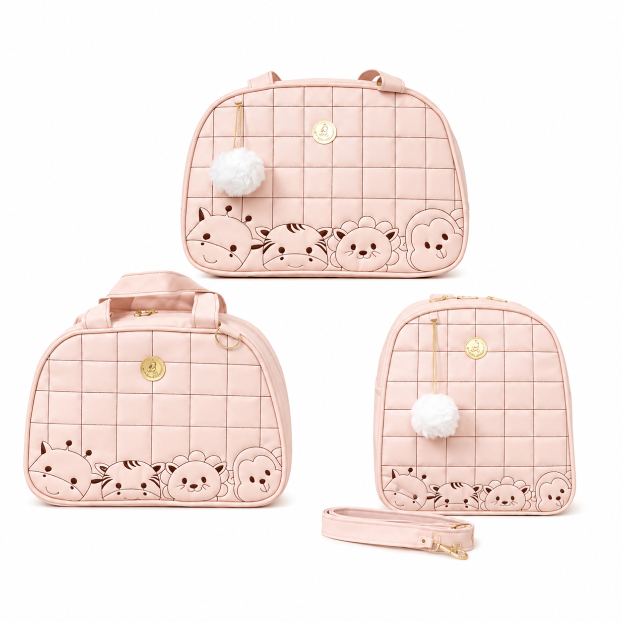 Três bolsas de maternidade rosa com rostos de animais fofos em fundo branco.