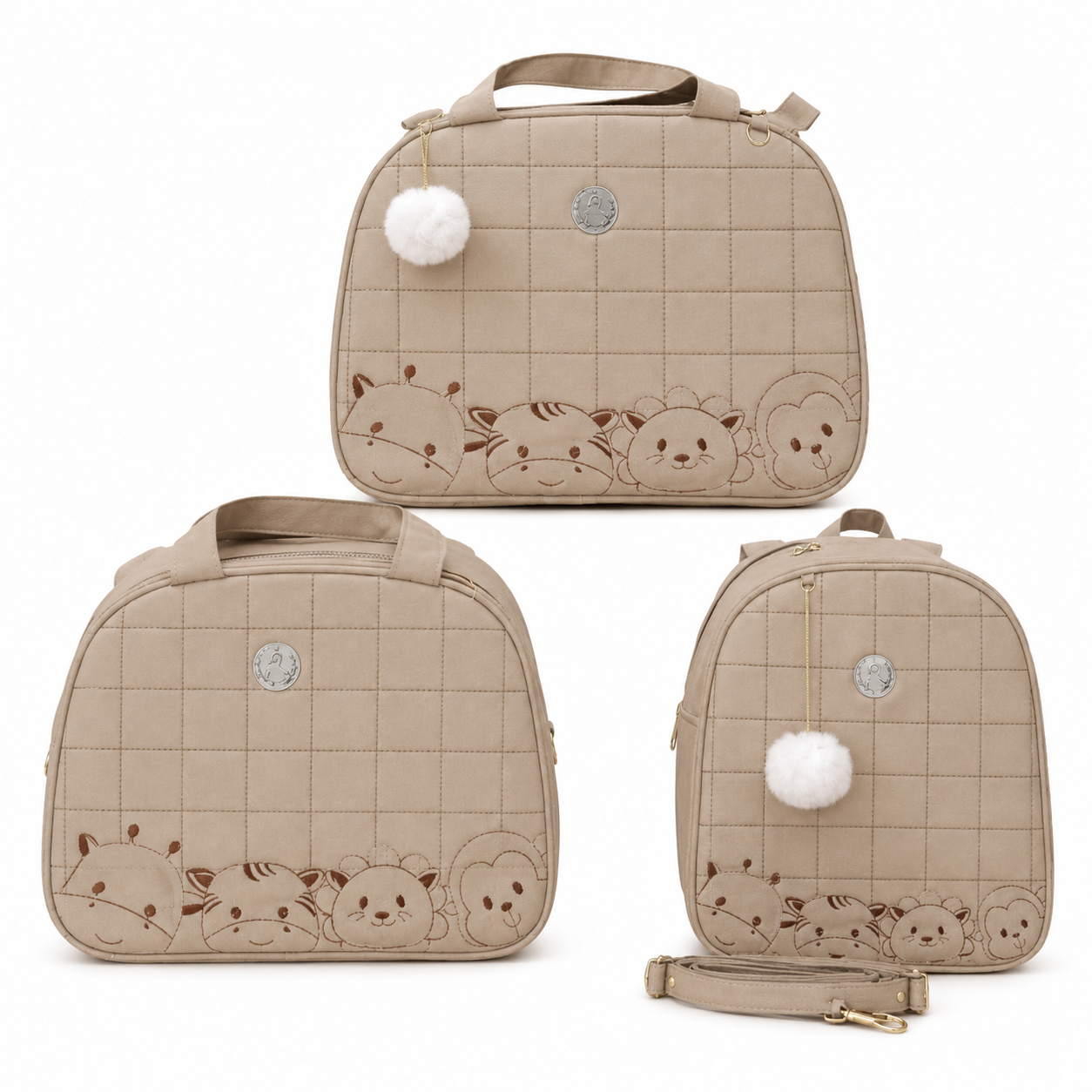 Kit de três bolsas beges acolchoadas com rostos de animais bordados e pompons.