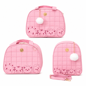 Kit de três bolsas maternidade rosa com bordados de animais e detalhes acolchoados.