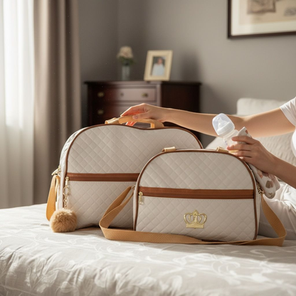 Kit_2_Bolsas_Maternidade_com_Pompom_Bege_na_cama