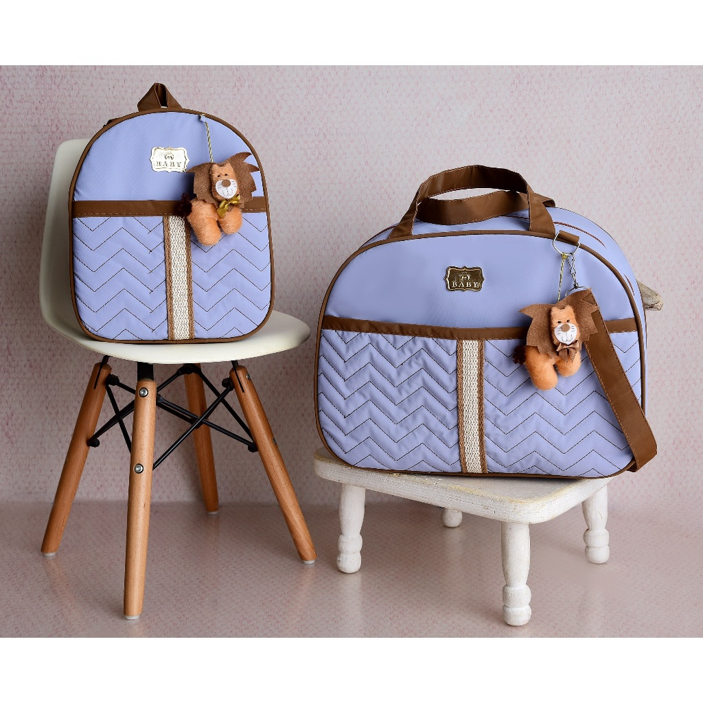 Kit Bolsa Maternidade e Mochila com Pelúcia Azul bebe