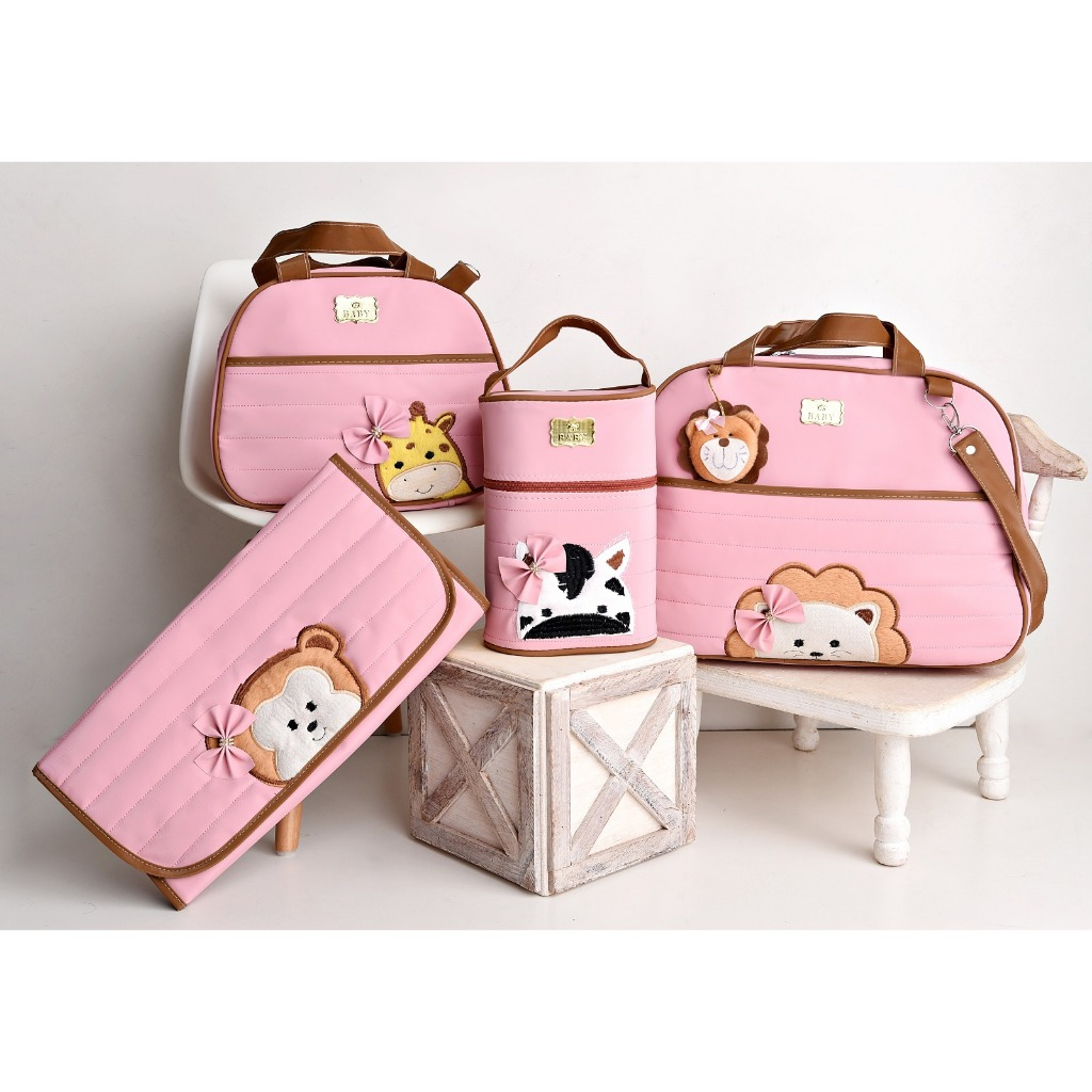 Kit Bolsas Maternidade Bichinhos rosa num banco