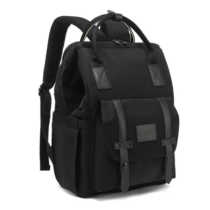 Mochila preta estruturada em ângulo de três quartos com alças superiores e fivelas frontais.