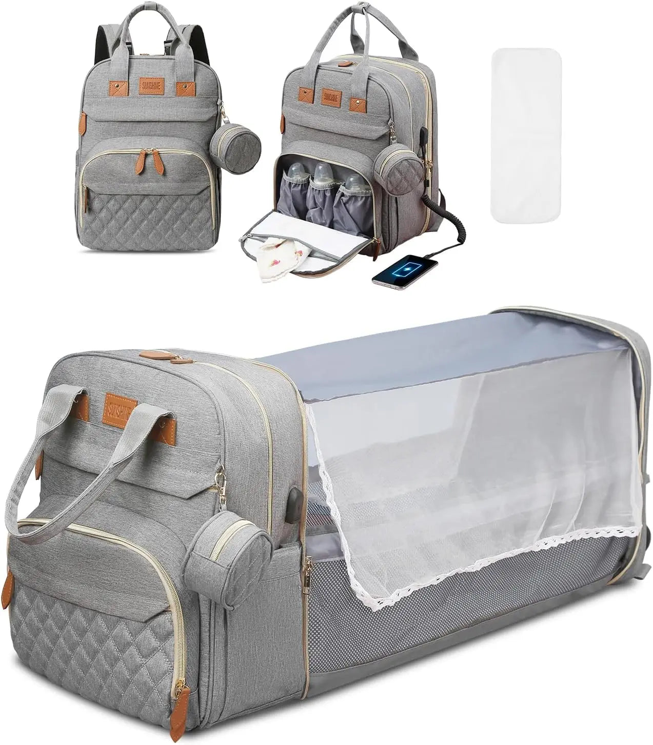 Mochila cinza multifuncional mostrada fechada, aberta com carregador e estendida como berço portátil.