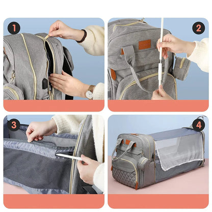 Quatro etapas ilustrando a transformação de uma mochila cinza em um berço portátil