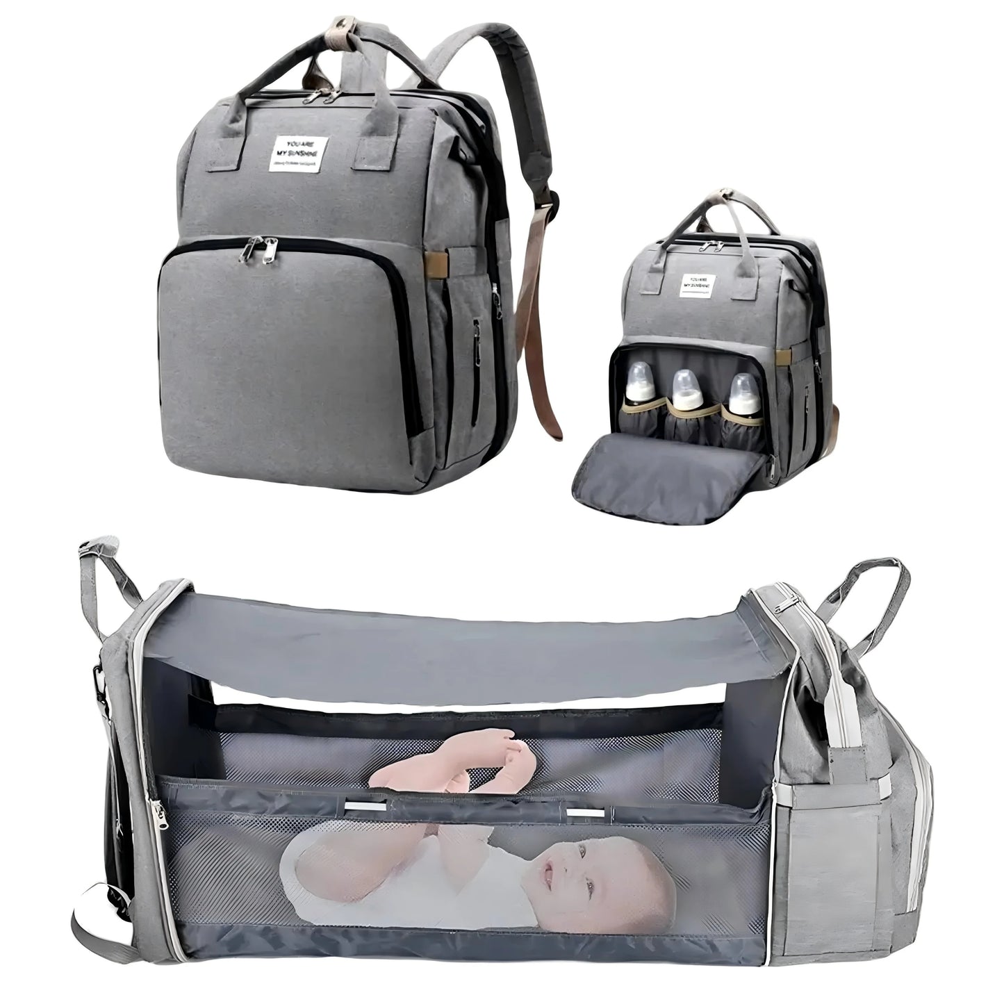 Mochila maternidade cinza mostrada fechada, com mamadeiras e aberta como berço portátil.