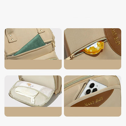 Quatro closes dos bolsos, zíperes e compartimentos de uma mochila de maternidade bege.