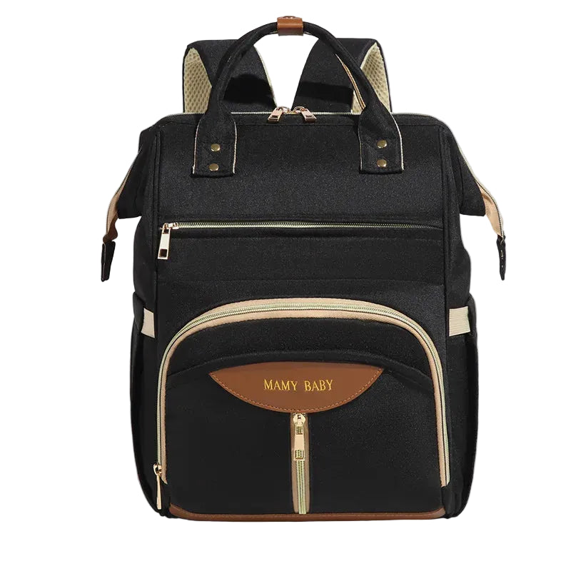 Mochila de maternidade preta estruturada vista de frente com detalhes dourados e beges.