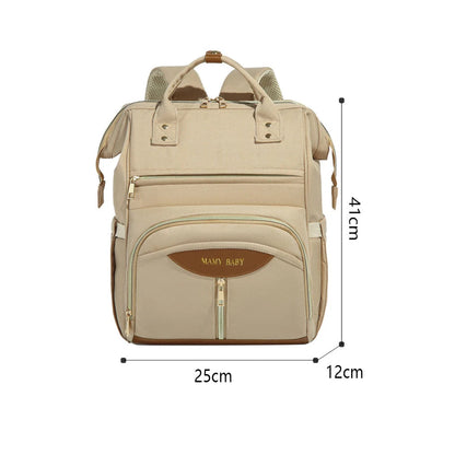 Vista frontal de mochila de maternidade bege com dimensões indicadas em centímetros.