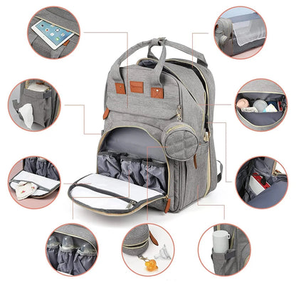 Mochila de maternidade cinza centralizada com detalhes de suas funcionalidades mostrados em círculos.