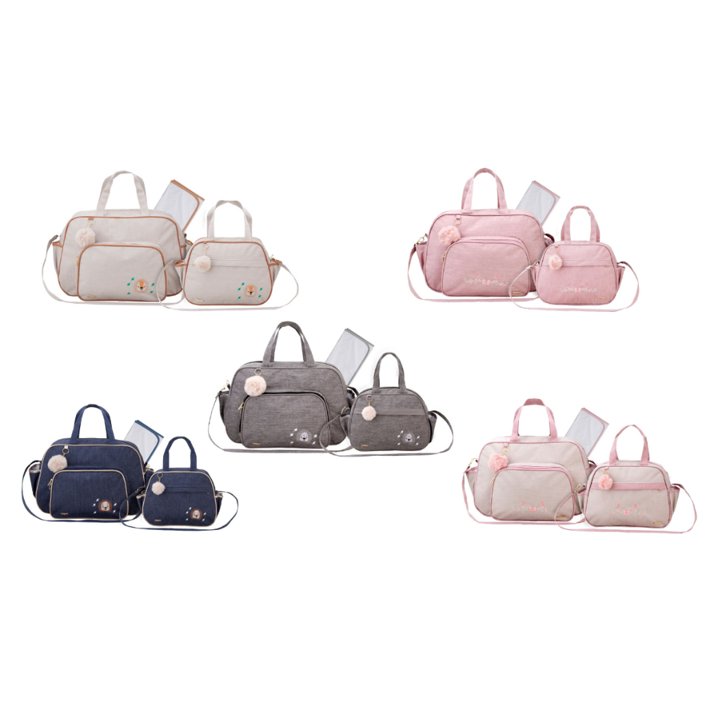 Cinco kits de bolsas arredondadas em cores variadas exibidos de frente em fundo branco.