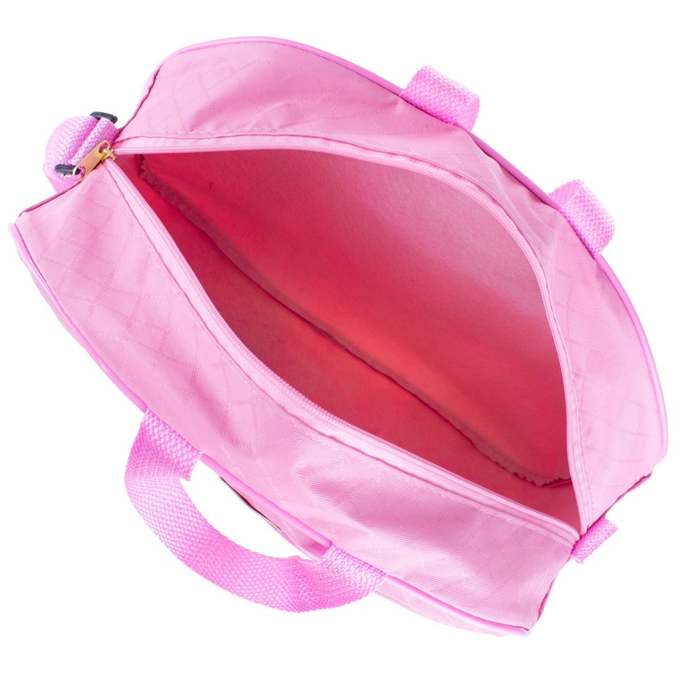 Bolsa de maternidade rosa aberta em vista superior destacando seu amplo compartimento interno.