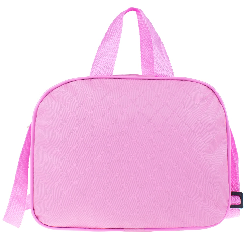 Bolsa rosa com costura em losangos, alça de mão e alça de ombro regulável.