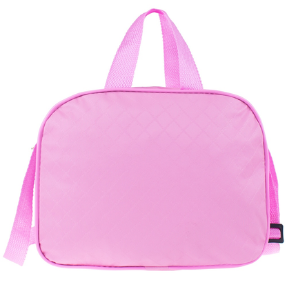 Bolsa rosa com costura em losangos, alça de mão e alça de ombro regulável.