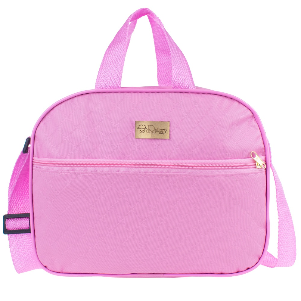 Bolsa maternidade rosa compacta, vista frontal, com padrão texturizado, zíper e alça longa regulável.