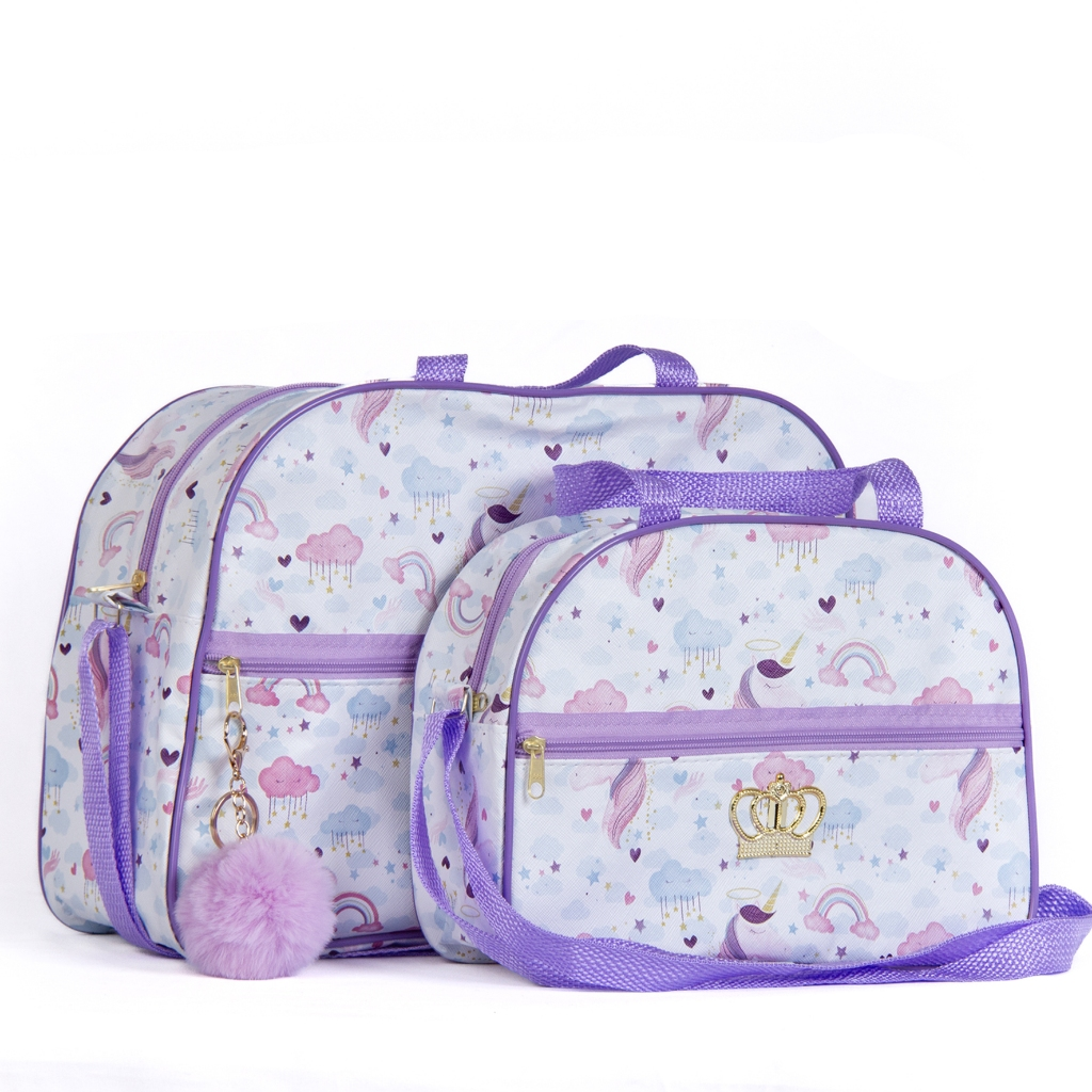 Kit de bolsas de maternidade lilás com estampa de unicórnio e chaveiro de pompom