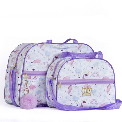 Kit de bolsas de maternidade lilás com estampa de unicórnio e chaveiro de pompom