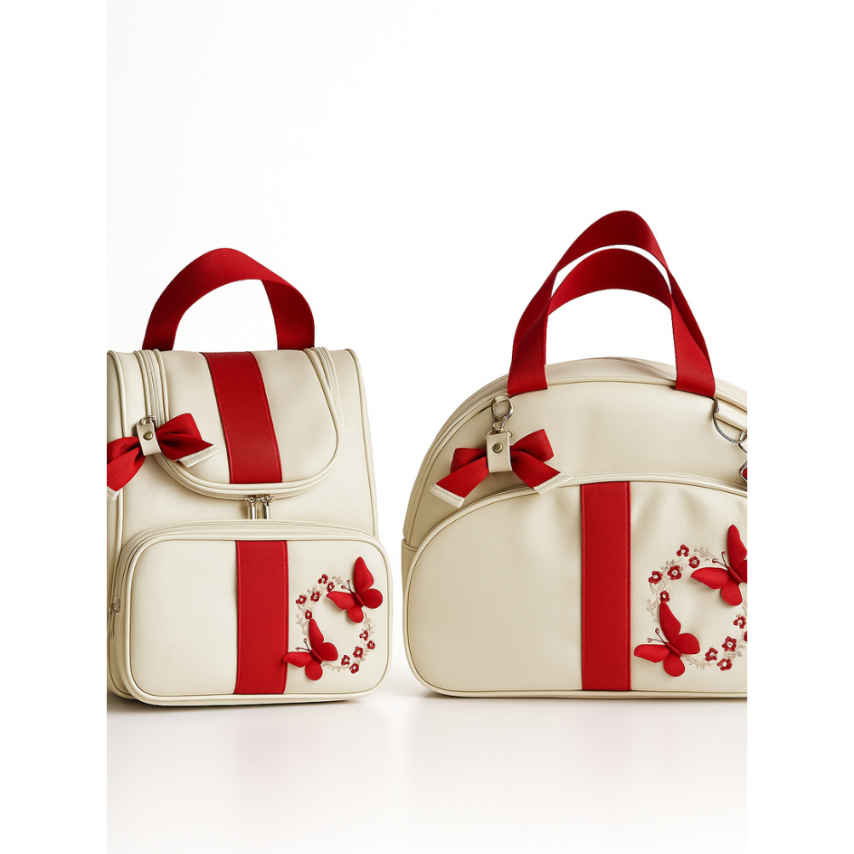 Mochila e mala de maternidade creme com detalhes vermelhos e borboletas, vista frontal.
