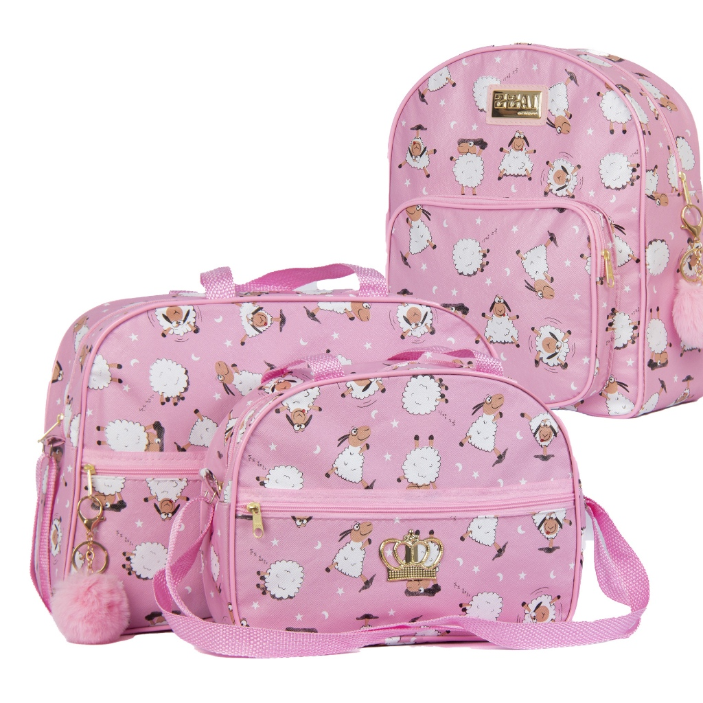 Kit de três bolsas de maternidade rosa com estampa de ovelhinha, vista frontal.