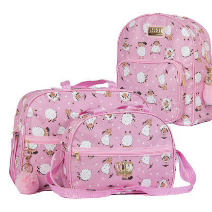 Kit de três bolsas de maternidade rosa com estampa de ovelhinha, vista frontal.