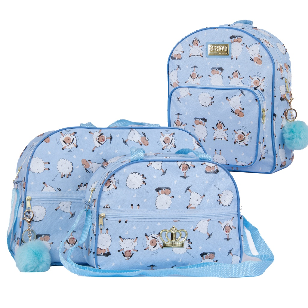 Três bolsas maternidade azul claro com estampa de ovelhinhas, exibidas de frente.