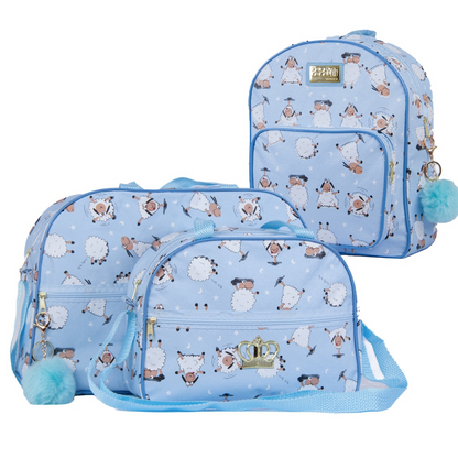 Três bolsas maternidade azul claro com estampa de ovelhinhas, exibidas de frente.