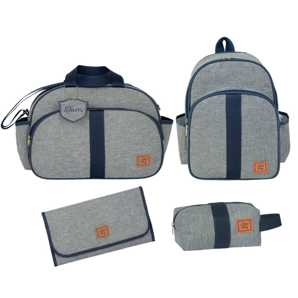 Kit maternidade cinza e azul com mochila, bolsa, trocador e estojo em fundo branco.