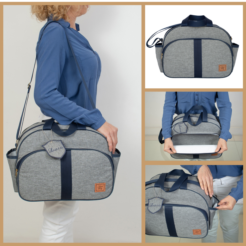 Bolsa de maternidade cinza mescla com detalhes azul-marinho e chaveiro personalizado.