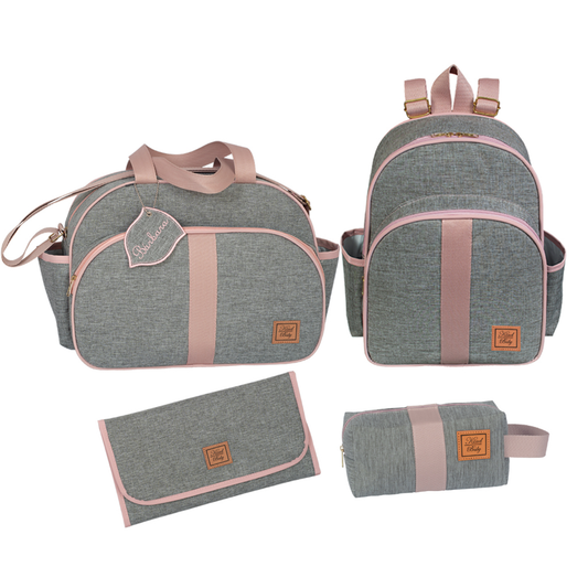 Conjunto de quatro bolsas de maternidade cinza com alças rosa, vistas de frente.