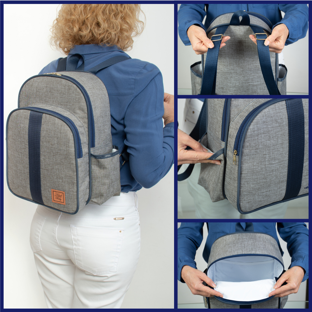 Colagem de fotos mostrando mochila de maternidade cinza e azul em diferentes ângulos.