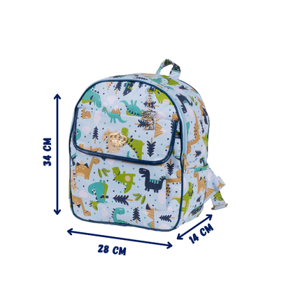 Mochila infantil azul-claro com estampa de dinossauros e medidas indicadas por setas.