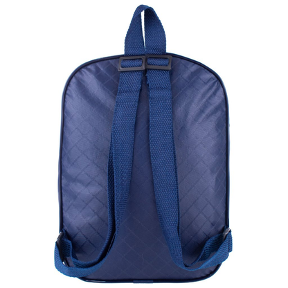 Vista traseira de mochila azul-marinho com padrão de losangos e duas alças.