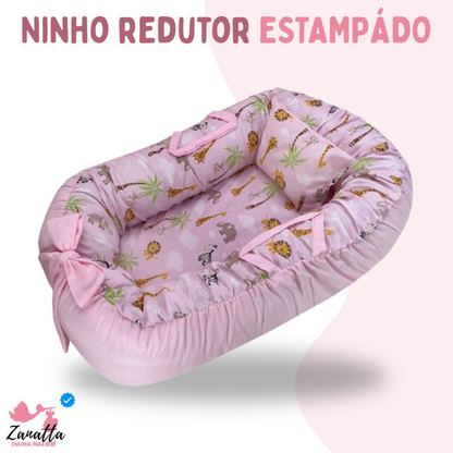 Ninho Redutor de Berço Portátil com Almofada Anatômica Enxoval Bebê Recém Nascido Menina Safari Rosa