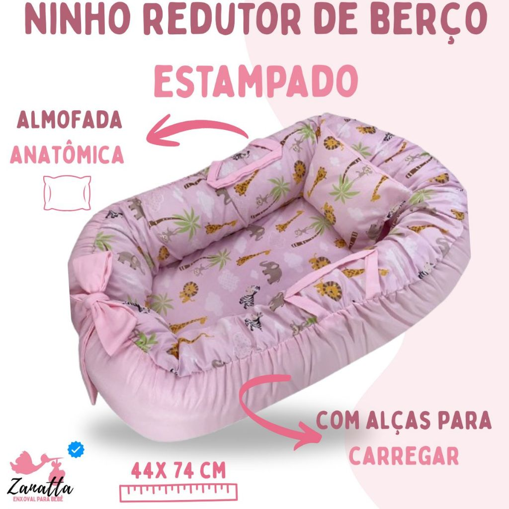 Ninho Redutor de Berço Portátil com Almofada Anatômica Enxoval Bebê Recém Nascido Menina Safari Rosa