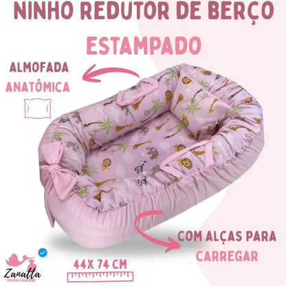 Ninho Redutor de Berço Portátil com Almofada Anatômica Enxoval Bebê Recém Nascido Menina Safari Rosa
