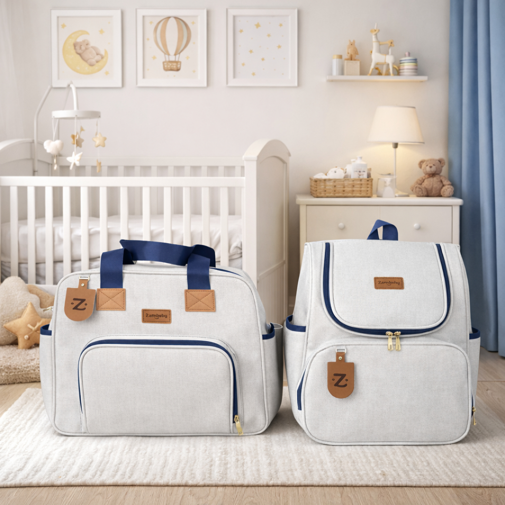 Bolsa e mochila de maternidade cinza com detalhes azuis e marrons, vistas de frente.