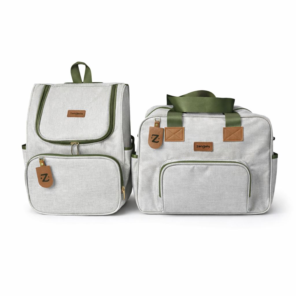Kit de mochila e bolsa cinza claro com detalhes verdes e marrons, vista frontal.