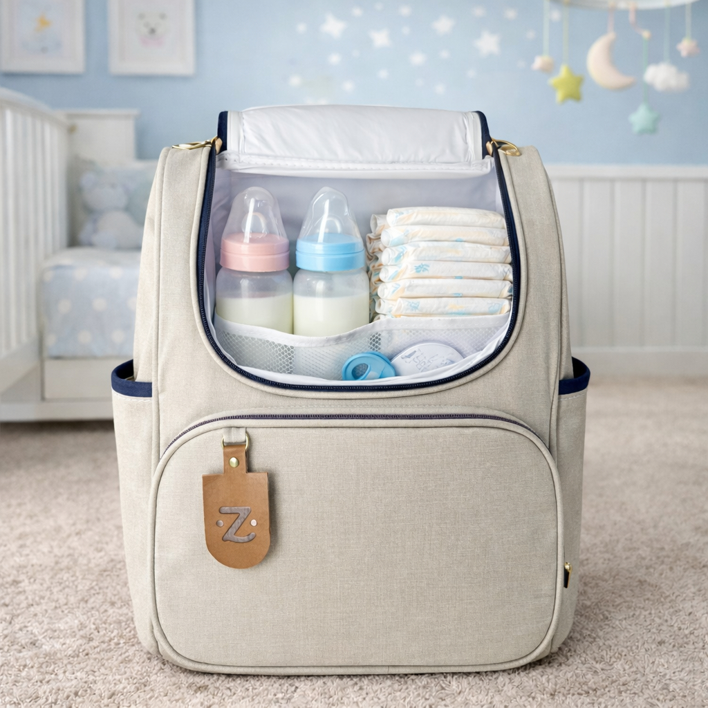 Mochila de maternidade bege em linho aberta com mamadeiras e fraldas, vista frontal.