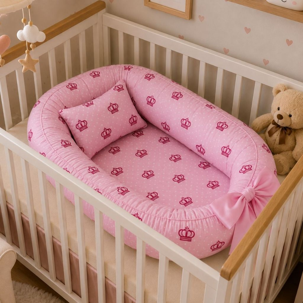 Ninho Redutor Berço Travesseiro Anatômico Bebê Enxoval Quarto Menina Personagem Princesa Coroa Rosa